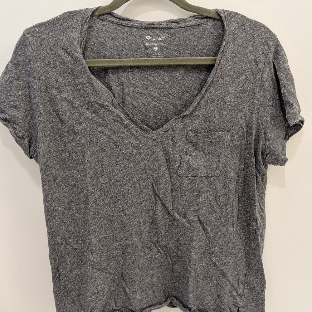 Madewell Casual Short Sleeve V Neck Pocket T Shirt Top in Heather Gray